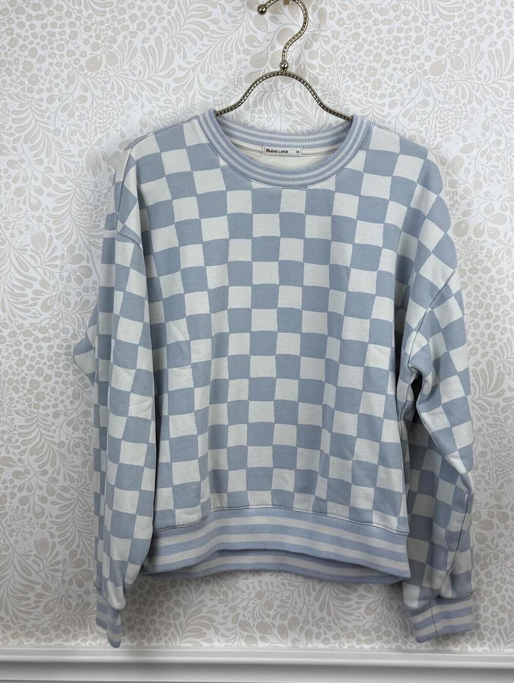 Marine Layer Anytime Blue Checkered Cotton Blend Sweatshirt - Size - Medium - Picture 8 of 8